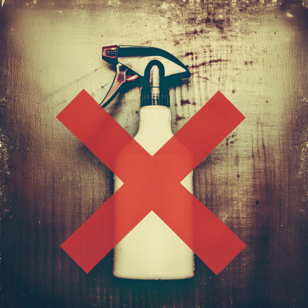 A spray bottle with an X through it